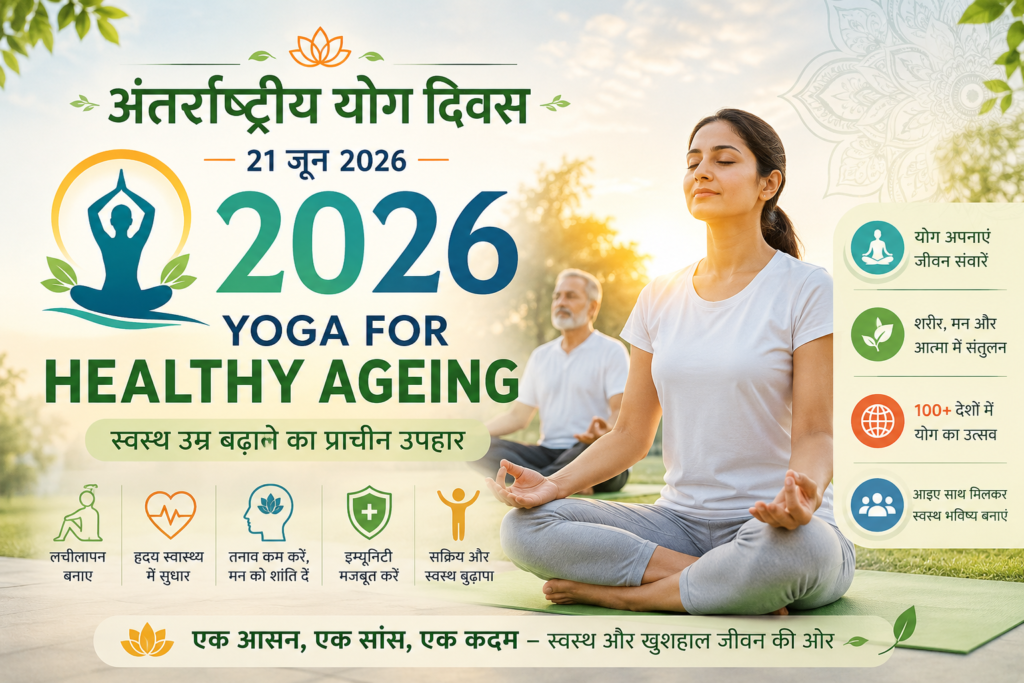 अंतर्राष्ट्रीय योग दिवस 2026 पर योगाभ्यास करते लोग, स्वस्थ उम्र और बेहतर जीवन का संदेश