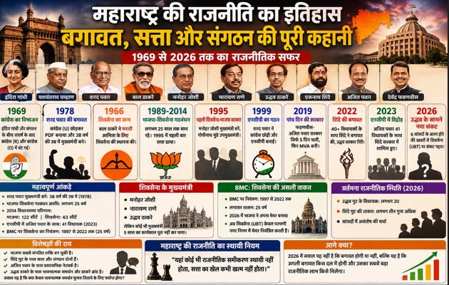 महाराष्ट्र की राजनीति में कांग्रेस विभाजन, शरद पवार, शिवसेना, एनसीपी, उद्धव ठाकरे, एकनाथ शिंदे और भाजपा के बदलते राजनीतिक समीकरणों का ग्राफिकल चित्रण