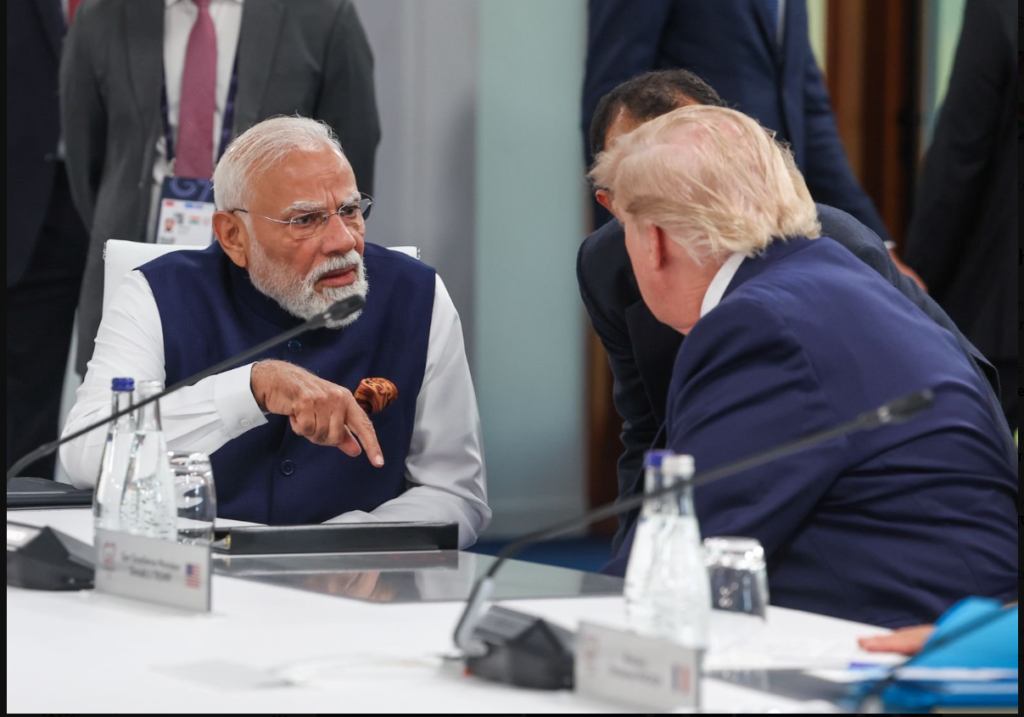 G7 Summit 2026 में भारत के प्रधानमंत्री नरेंद्र मोदी और अमेरिकी राष्ट्रपति डोनाल्ड ट्रंप की मुलाकात, एवियन-ले-बैंस, फ्रांस