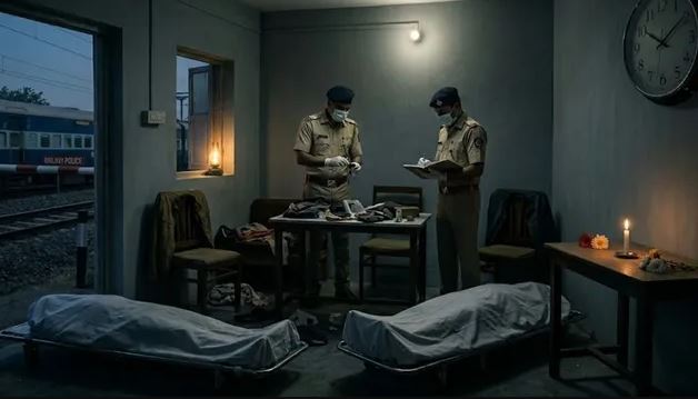 वडोदरा के मकरपुरा इलाके में रेलवे ट्रैक और कमरे में दो दोस्तों की आत्महत्या के बाद पुलिस जांच करती हुई।