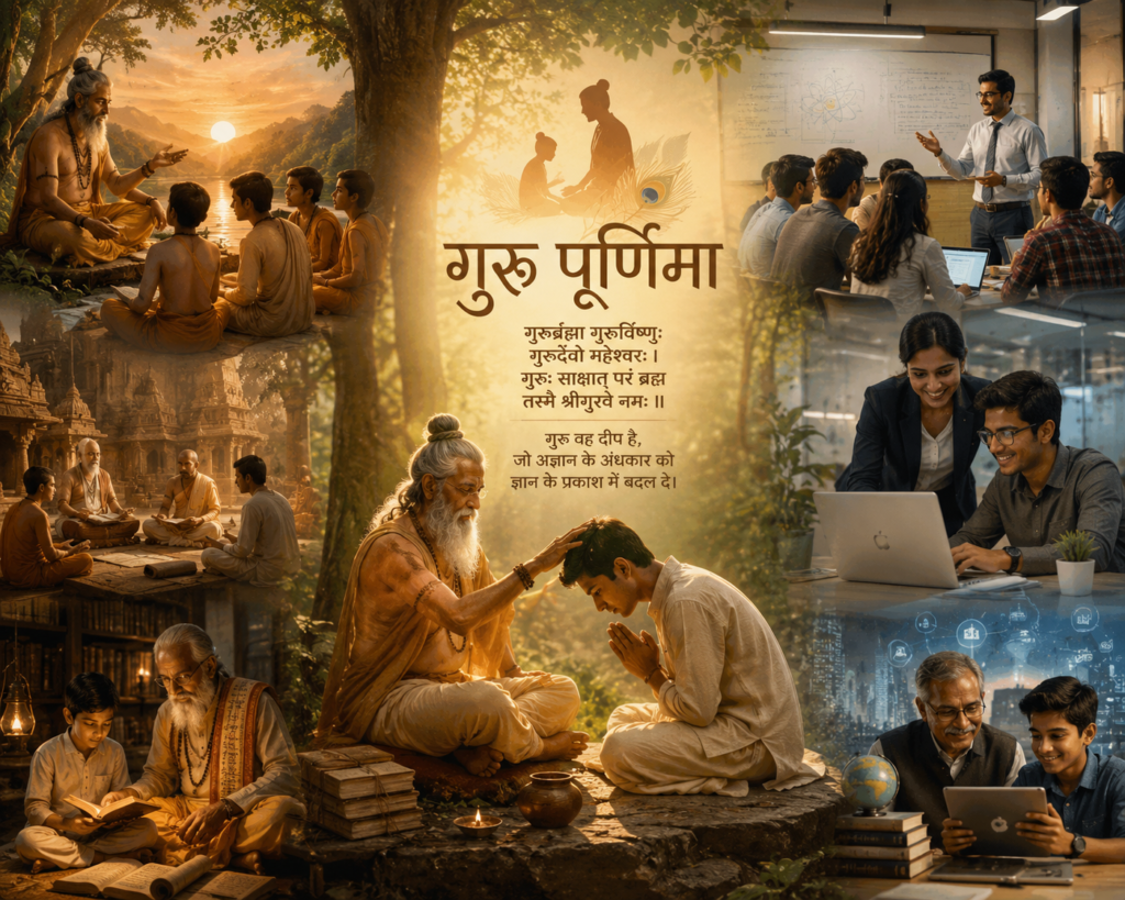 गुरु पूर्णिमा पर गुरु का सम्मान, आध्यात्मिक ज्ञान और भारतीय संस्कृति का प्रतीक चित्र