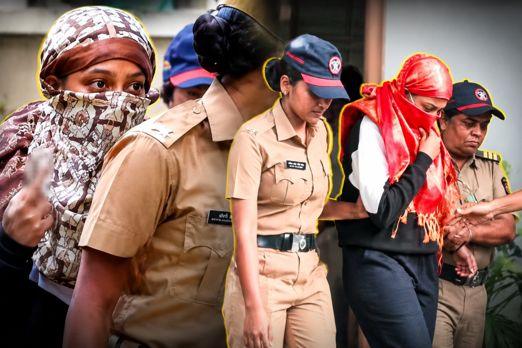 केतन अग्रवाल हत्याकांड में जांच के दौरान पुलिस सुरक्षा के बीच सिया गोयल।