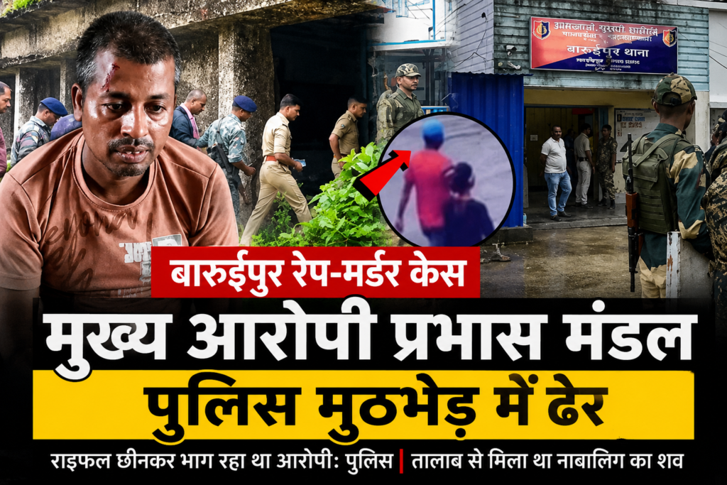 बारुईपुर रेप मर्डर केस के मुख्य आरोपी प्रभास मंडल की पुलिस मुठभेड़ के बाद घटनास्थल पर तैनात पुलिस बल।