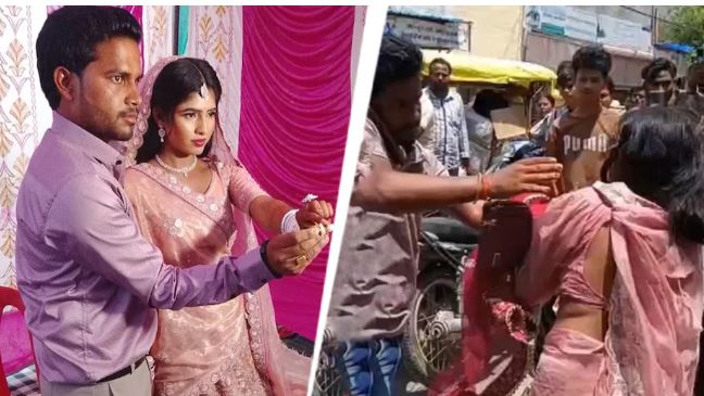 Police investigating the scene in Etawah after a newly married man's death.