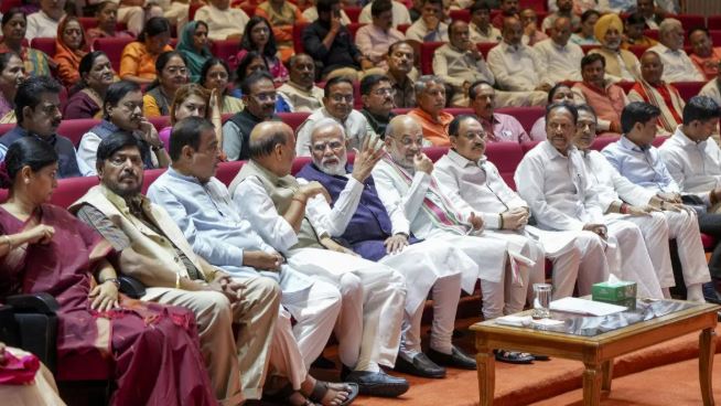 Prime Minister Narendra Modi addressing the NDA parliamentary party during the Mangal Milan meeting in Parliament.