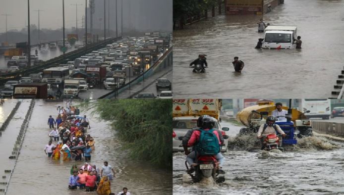 देशभर में भारी बारिश के कारण जलभराव और बाढ़ का दृश्य।