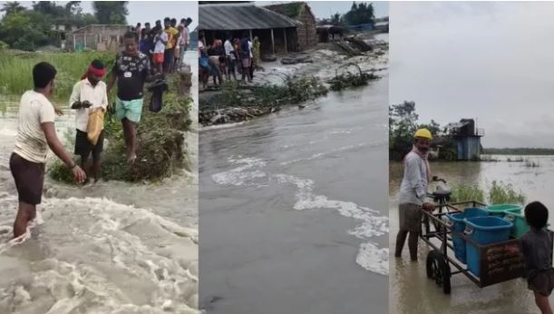 कोसी नदी के कटाव से सहरसा में बिरजाइन-महुआ चाही सड़क का हिस्सा नदी में समाया